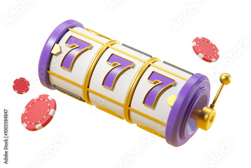 Cuadro en lienzo Slot machine with triple 7s and poker chips, isolated on white background