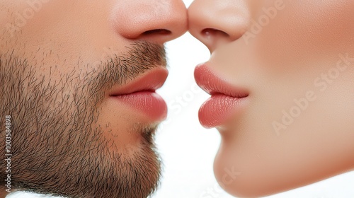 A close-up of a couple's lips, with a man’s bearded face and a woman’s soft lips, just about to kiss, symbolizing romance and intimacy.
