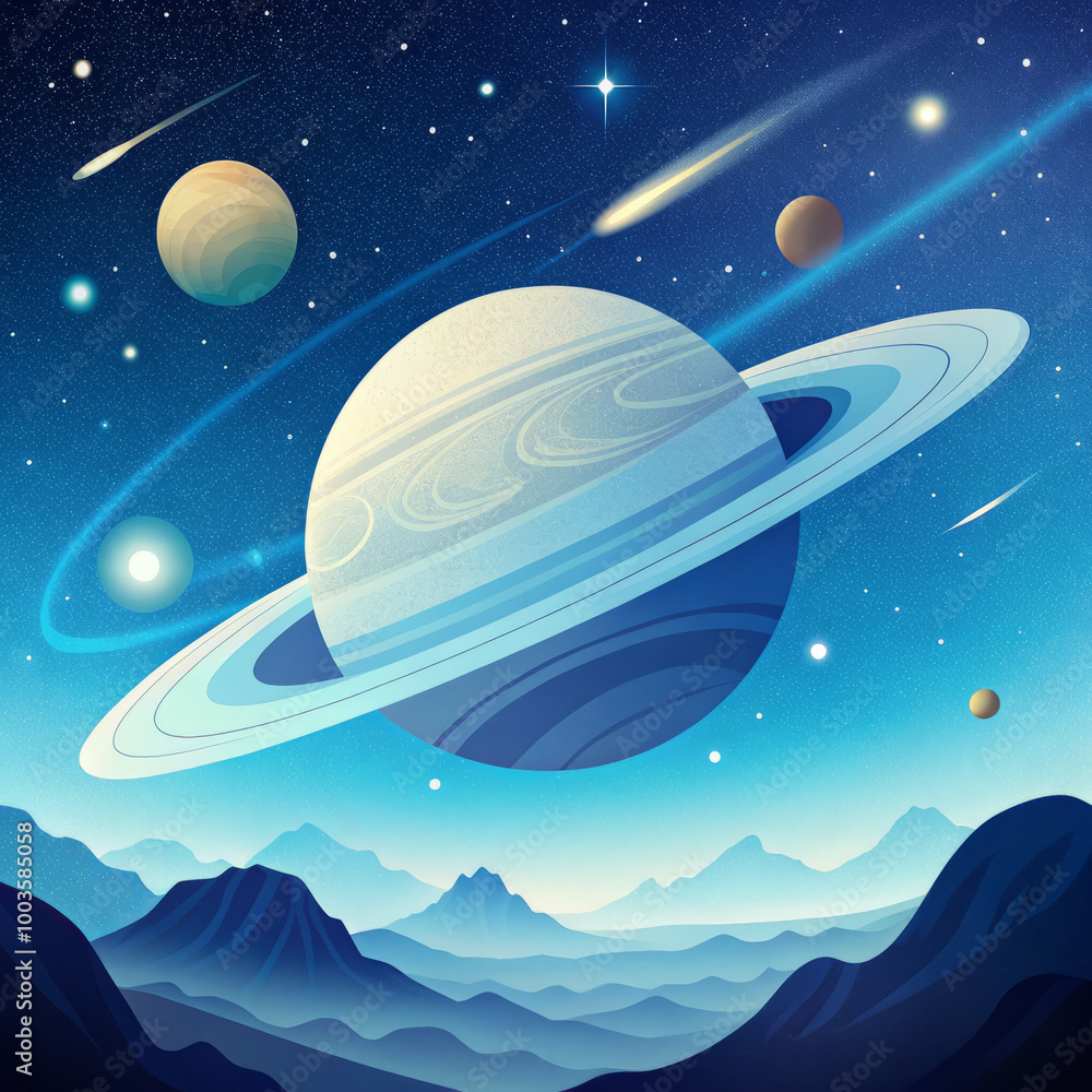 Colorful Illustration of Planets and Stars in a Stylized Outer Space Scene Colorful Illustration of Planets and Stars in a Stylized Outer Space Scene