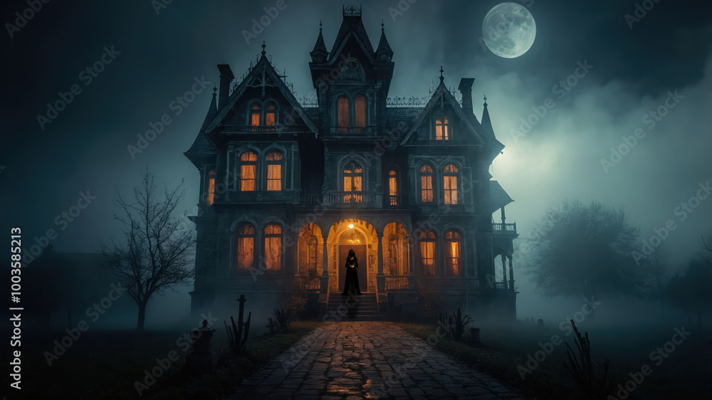 witch standing in front of a mysterious spooky house, Halloween night witch standing in front of a mysterious spooky house, Halloween night