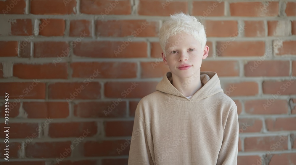 Albino Indian Teenage Boy in Beige Hoodie Standing Against Brick Wall, Diversity Concept for Design, Print, Card, Poster