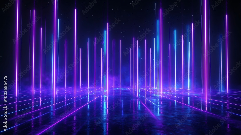 Vibrant neon lights emanate from the ground, creating a futuristic and immersive atmosphere. Vibrant neon lights emanate from the ground, creating a futuristic and immersive atmosphere.