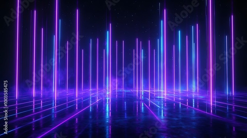 Vibrant neon lights emanate from the ground, creating a futuristic and immersive atmosphere.