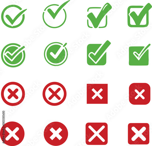 Set of Green Check Mark and Red Cross Mark Icon Vector illustration on isolated Background. 