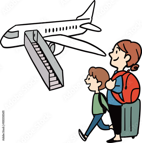 飛行機に乗り込む母子