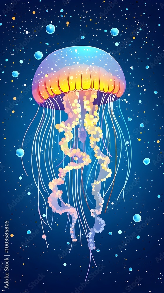 Colorful Jellyfish in Blue Ocean Colorful Jellyfish in Blue Ocean