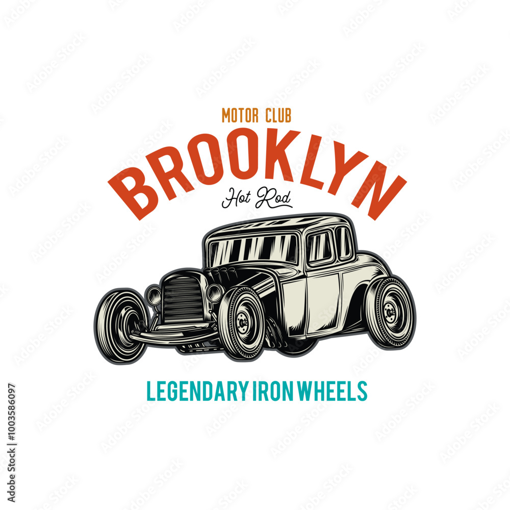 Fototapeta premium American hot rod. Classical model. Original vector illustration in vintage style isolated on white background. T-shirt design.