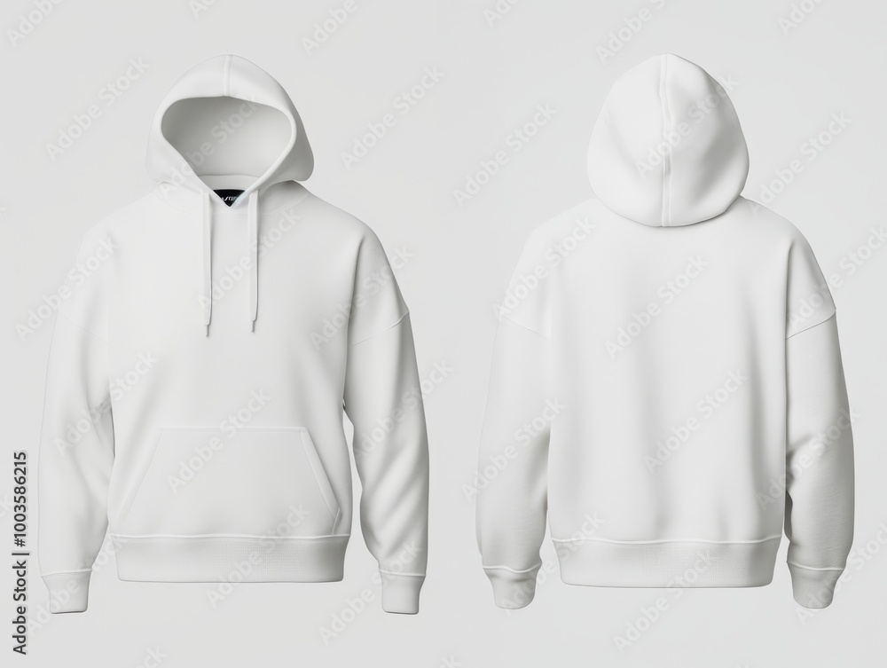 White hoodie template A 3D rendering of a sweatshirt with a hood long sleeves and cuffs shown from the front and back view Isolated on a clean contrast colorful background ideal for design mockups White hoodie template A 3D rendering of a sweatshirt with a hood long sleeves and cuffs shown from the front and back view Isolated on a clean contrast colorful background ideal for design mockups