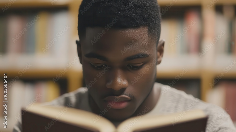 Young man deeply focused on reading a book in a library. Young man deeply focused on reading a book in a library.