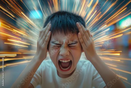 a young Asian boy screaming while holding both his hands to the head as tension and headache