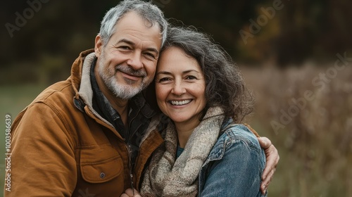 Middle aged caucasian couple living on a farm in the countryside smiling portrait