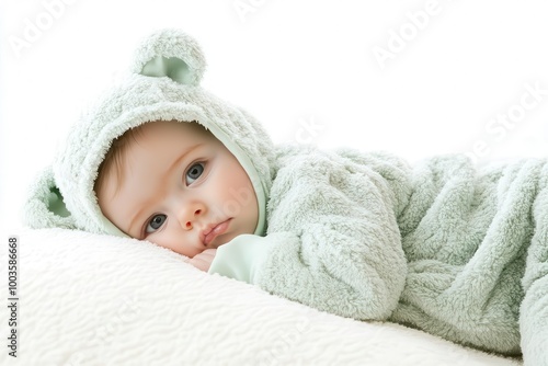 Baby wearing a bear-themed onesie, looking cute and cozy. photo