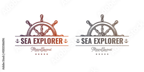 Original vector emblem of a ship steering wheel in vintage style.