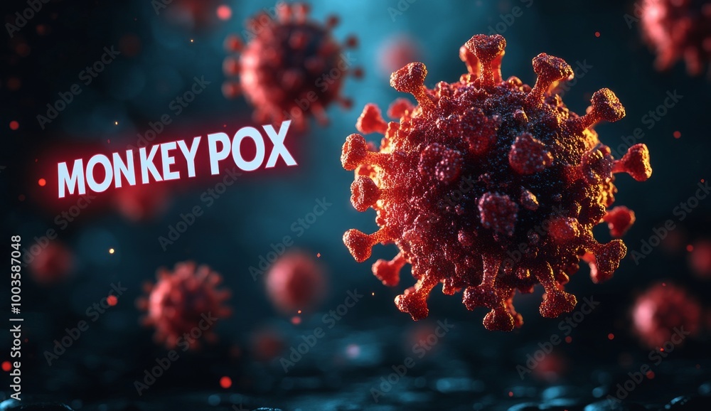 Monkeypox virus floating against a dark and blurry background of other viruses. Monkeypox virus floating against a dark and blurry background of other viruses.