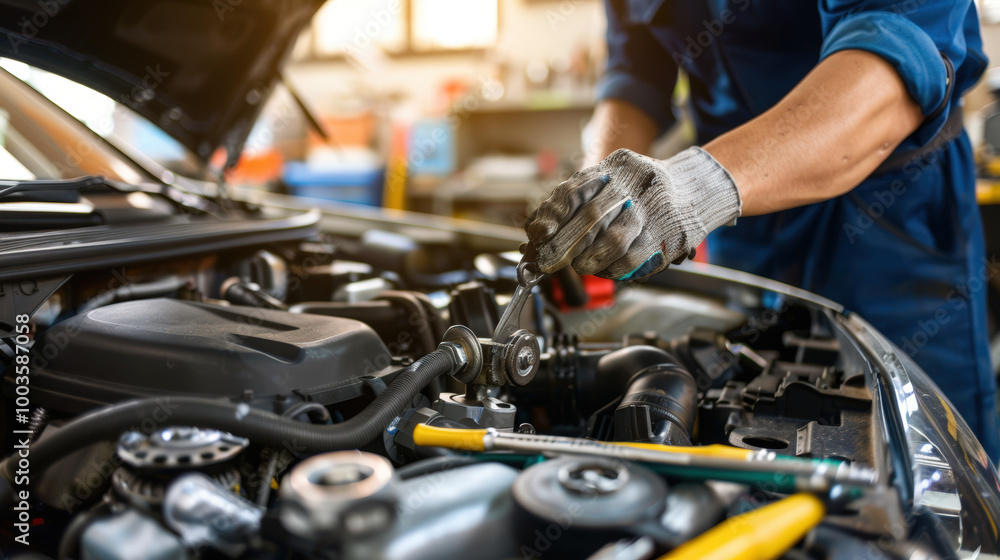 Mechanic inspecting engine with tools scattered around, symbolizing vehicle malfunction and repair process. Mechanic inspecting engine with tools scattered around, symbolizing vehicle malfunction and repair process.