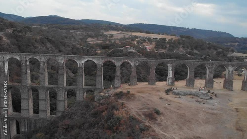 Aerial view of the arches of the site in Tepotzotlan, State of Mexico. Concept of nature and colonial architecture