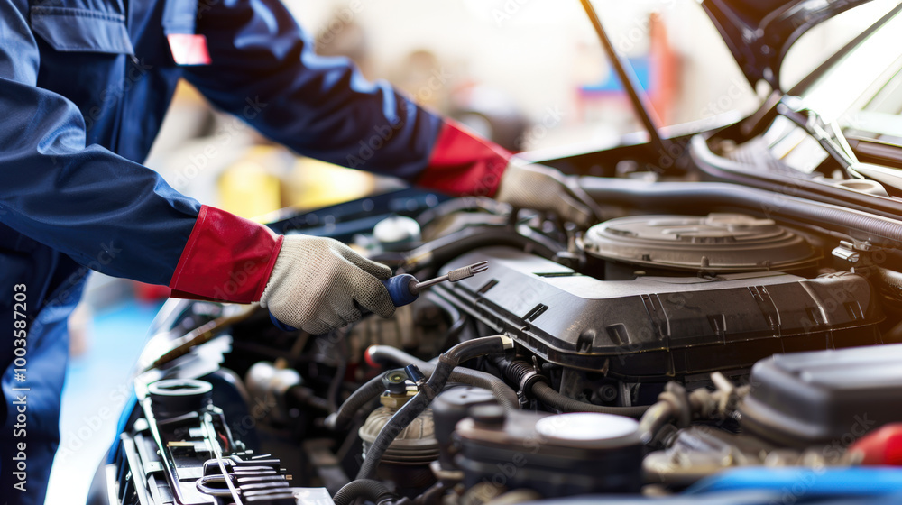 Mechanic inspecting engine with tools scattered around, symbolizing vehicle malfunction and repair process. Mechanic inspecting engine with tools scattered around, symbolizing vehicle malfunction and repair process.