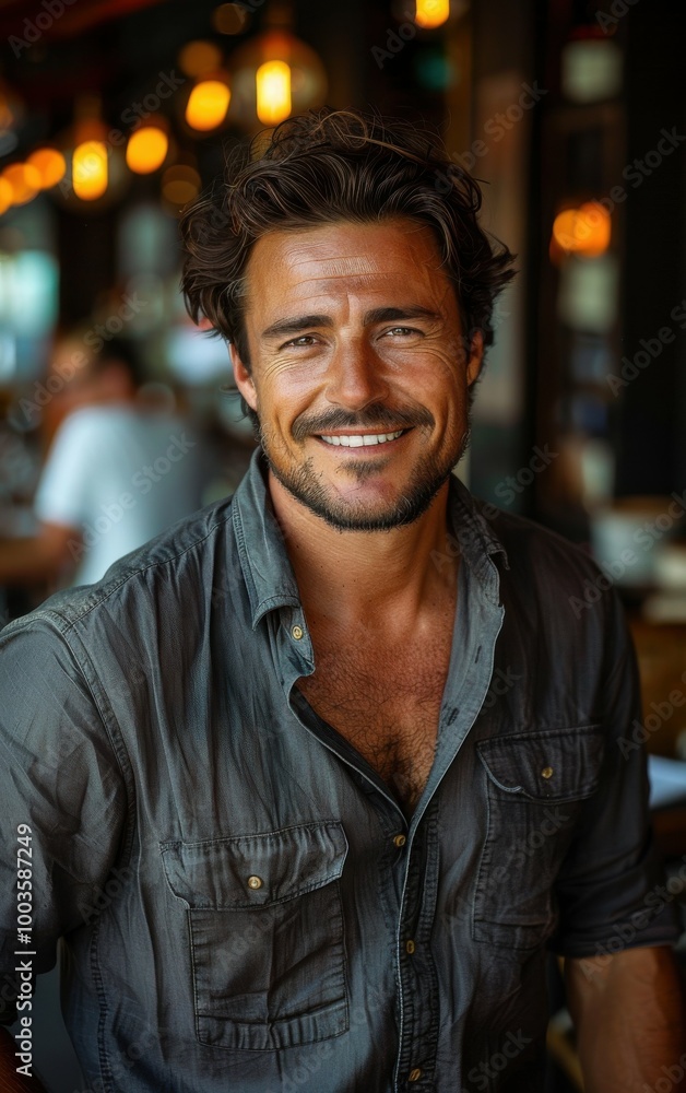 A man with a beard and a smile is posing for a picture. He is wearing a grey shirt and he is happy A man with a beard and a smile is posing for a picture. He is wearing a grey shirt and he is happy