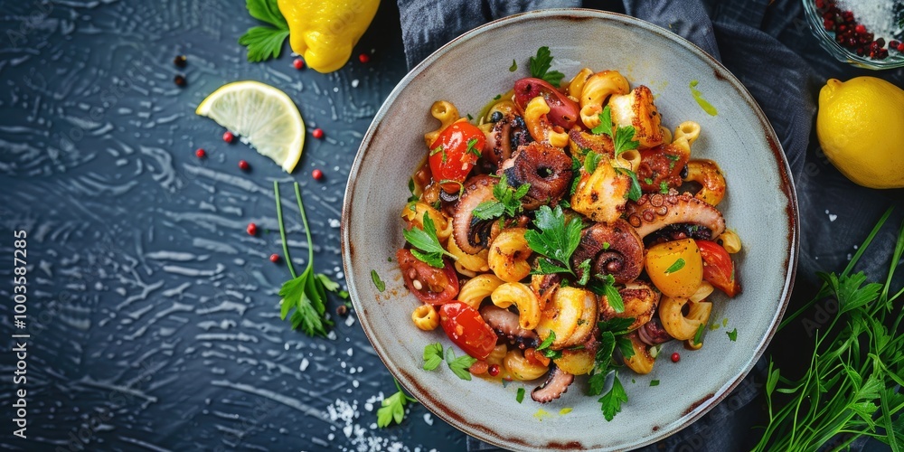 Aerial Perspective of Seafood Dish Featuring Octopus, Pasta, and Tomato Sauce Aerial Perspective of Seafood Dish Featuring Octopus, Pasta, and Tomato Sauce