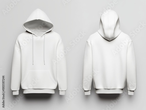 White hoodie template A 3D rendering of a sweatshirt with a hood long sleeves and cuffs shown from the front and back view Isolated on a clean contrast colorful background ideal for design mockups 