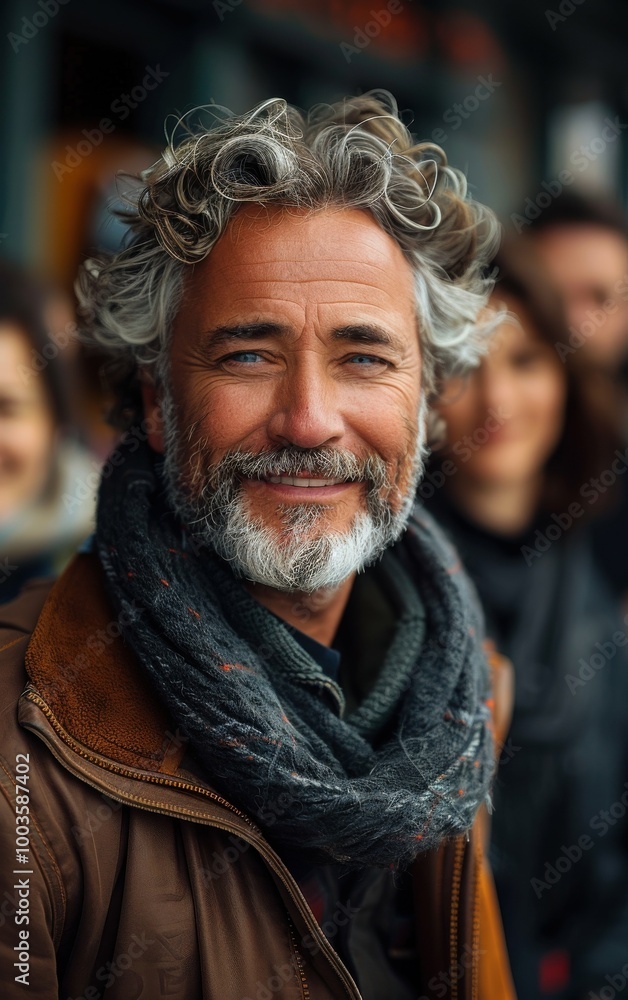 A man with a beard and gray hair is smiling and wearing a scarf. He is surrounded by other people, some of whom are smiling as well. Scene is cheerful and friendly, with everyone looking happy A man with a beard and gray hair is smiling and wearing a scarf. He is surrounded by other people, some of whom are smiling as well. Scene is cheerful and friendly, with everyone looking happy