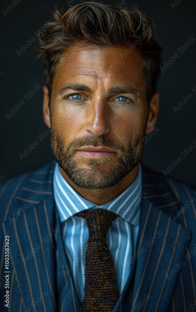 A man wearing a blue suit and a brown tie. He has a beard and a mustache A man wearing a blue suit and a brown tie. He has a beard and a mustache