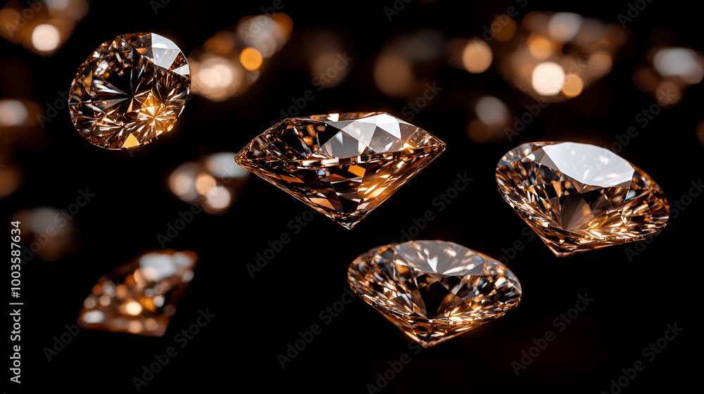 Sparkling diamonds floating against a dark background, showcasing their brilliant cut and reflections, creating a captivating visual display