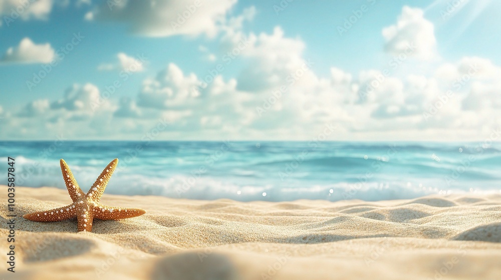 Serene Beach with Starfish on Sandy Shoreline Serene Beach with Starfish on Sandy Shoreline