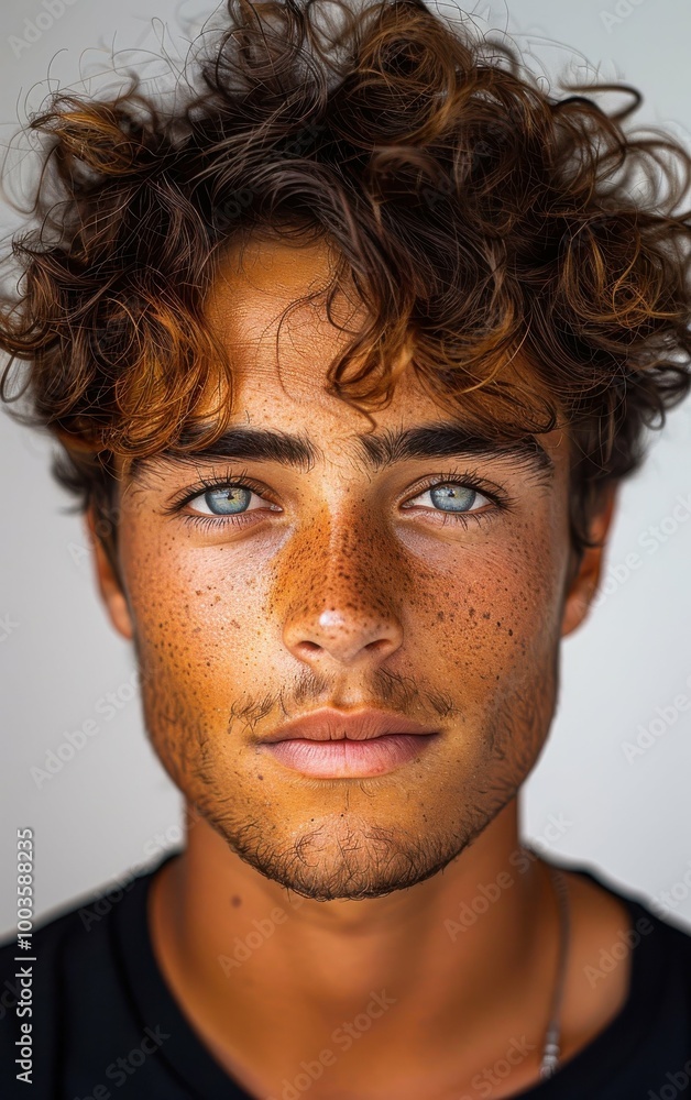 A man with a beard and a blue eye. He has a tan face with a few freckles A man with a beard and a blue eye. He has a tan face with a few freckles