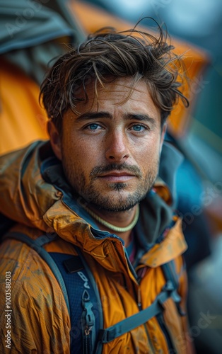 A man with a beard and blue eyes is wearing an orange jacket and backpack. He looks tired and is standing in the rain