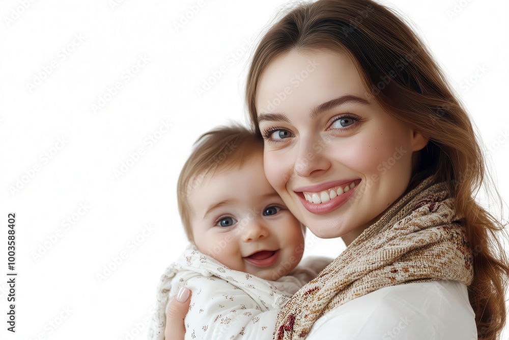 Happy mother holding a joyful baby, white isolated background. Happy mother holding a joyful baby, white isolated background.