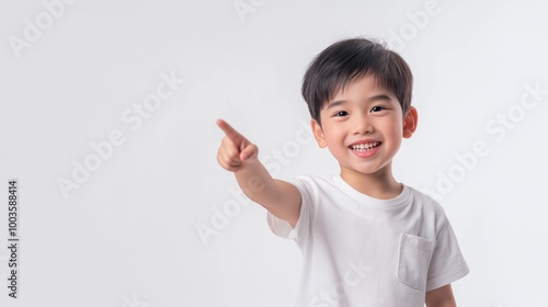 Asian boy pointing hand 