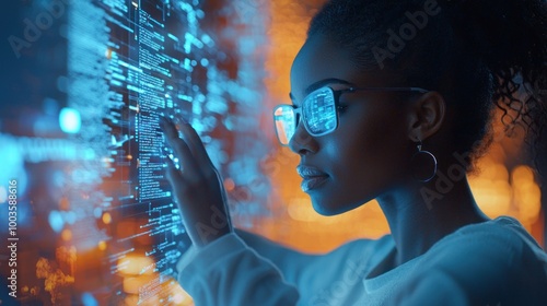 attractive young african american woman with graphical interface at work in the office