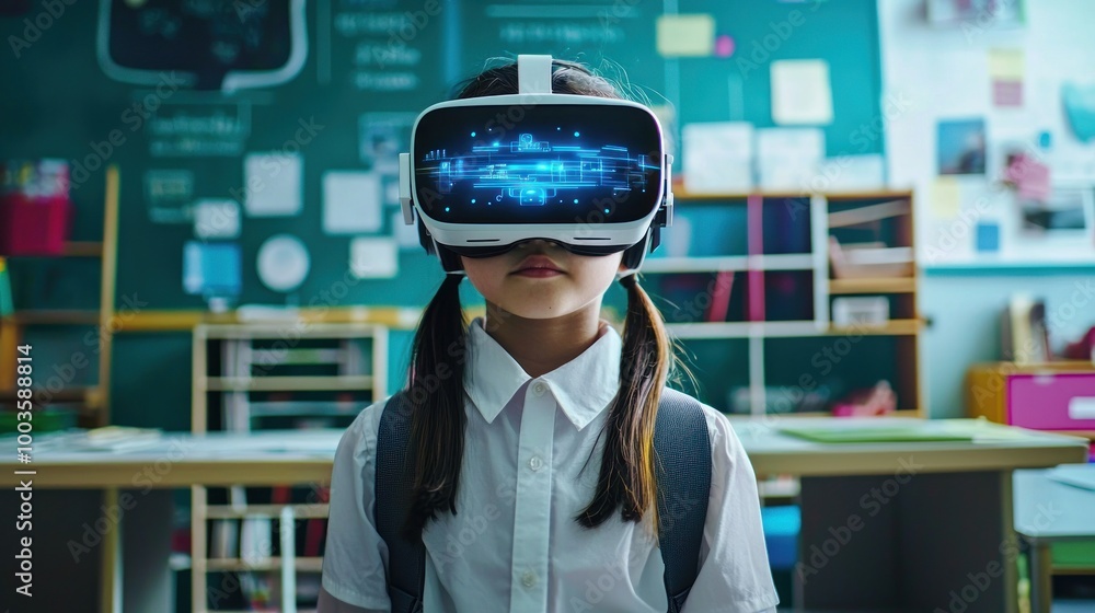 School girl wearing VR headset using AI artificial intelligence technology & machine learning. Futuristic Interactive technology in classroom. Innovation & smart tech. AI blue holograph in education School girl wearing VR headset using AI artificial intelligence technology & machine learning. Futuristic Interactive technology in classroom. Innovation & smart tech. AI blue holograph in education