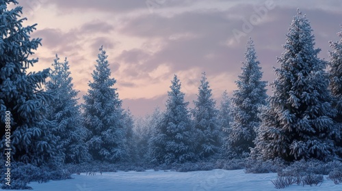 Pine trees covered with snow on frosty evening. Beautiful winter panorama