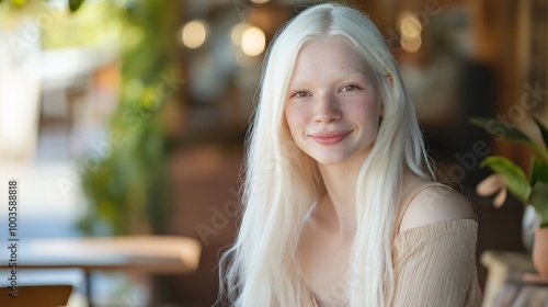 Young Albino Woman Smiling in an Outdoor Cafe Setting, Capturing Diversity and Warmth in a Natural Light Portrait