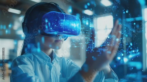 School girl wearing VR headset using AI artificial intelligence technology & machine learning. Futuristic Interactive technology in classroom. Innovation & smart tech. AI blue holograph in education photo