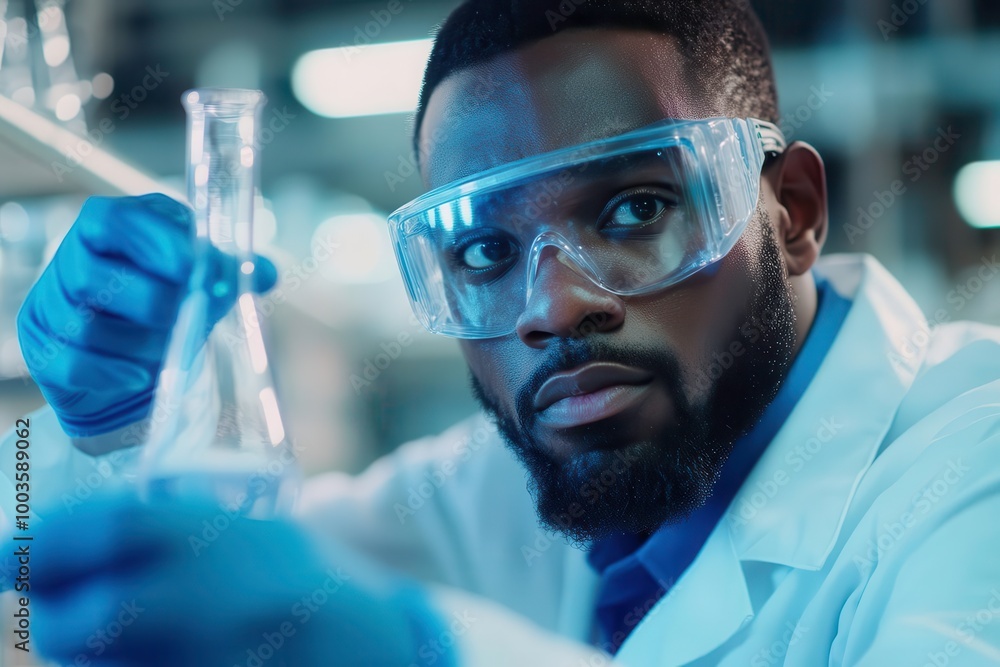 Scientist examining liquid in a lab flask, focused on research. Scientist examining liquid in a lab flask, focused on research.