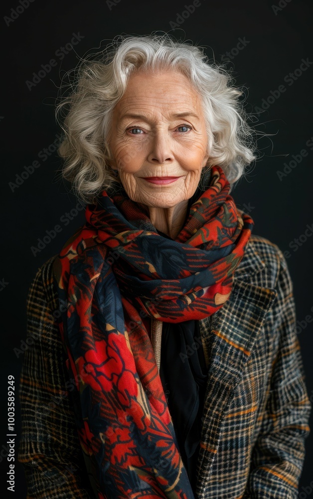 A woman with a red and black scarf is smiling. She is wearing a black jacket and a black shirt A woman with a red and black scarf is smiling. She is wearing a black jacket and a black shirt