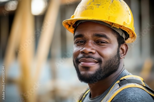 Smiling construction worker in safety helmet, portrait.