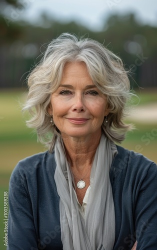 A woman with gray hair is smiling and wearing a necklace. She is sitting on a grassy area