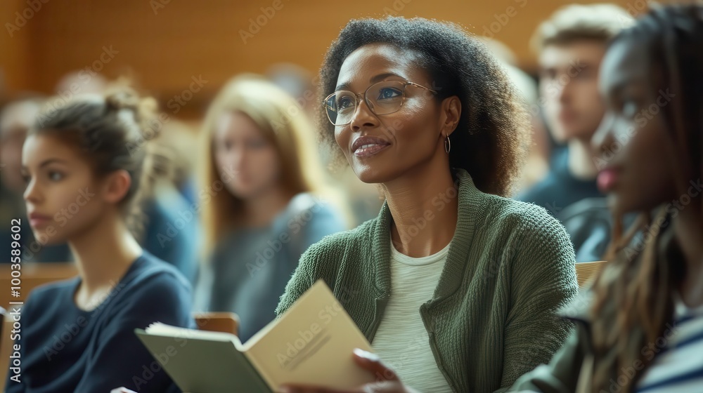 Smiling woman engaged in learning within a group setting Smiling woman engaged in learning within a group setting