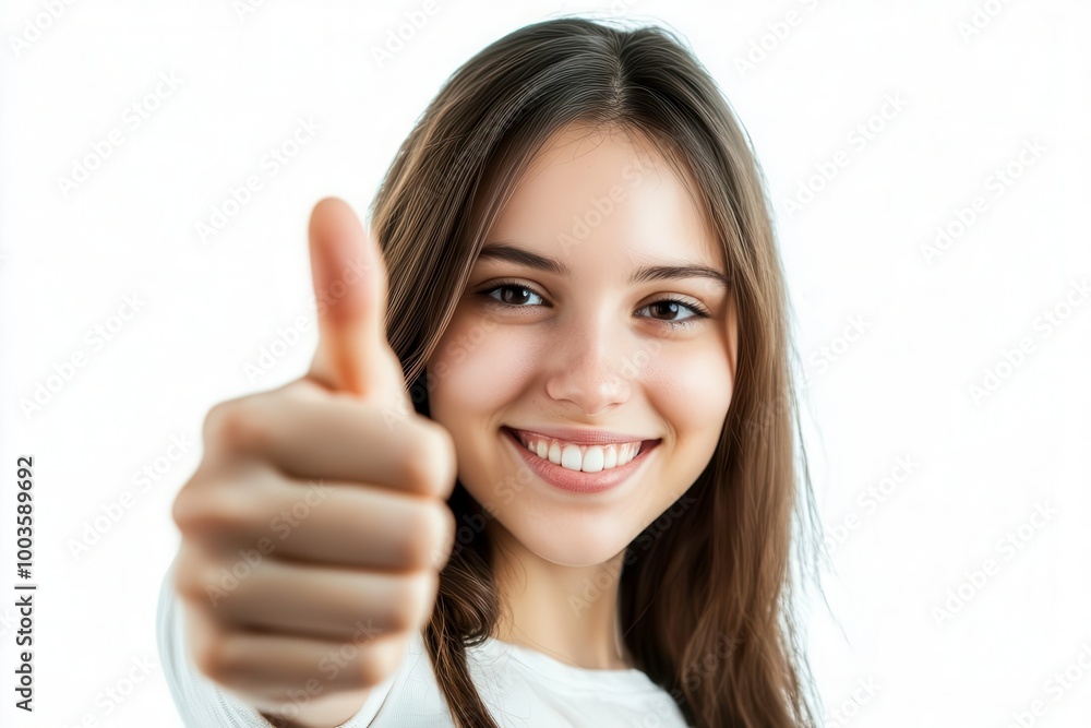Smiling woman showing thumbs up, white isolated background Smiling woman showing thumbs up, white isolated background
