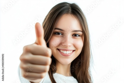 Smiling woman showing thumbs up, white isolated background