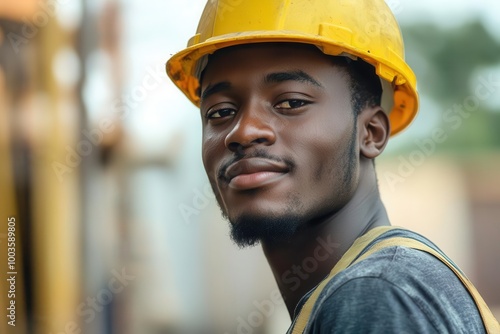 Smiling worker in yellow hard hat, outdoor construction site.