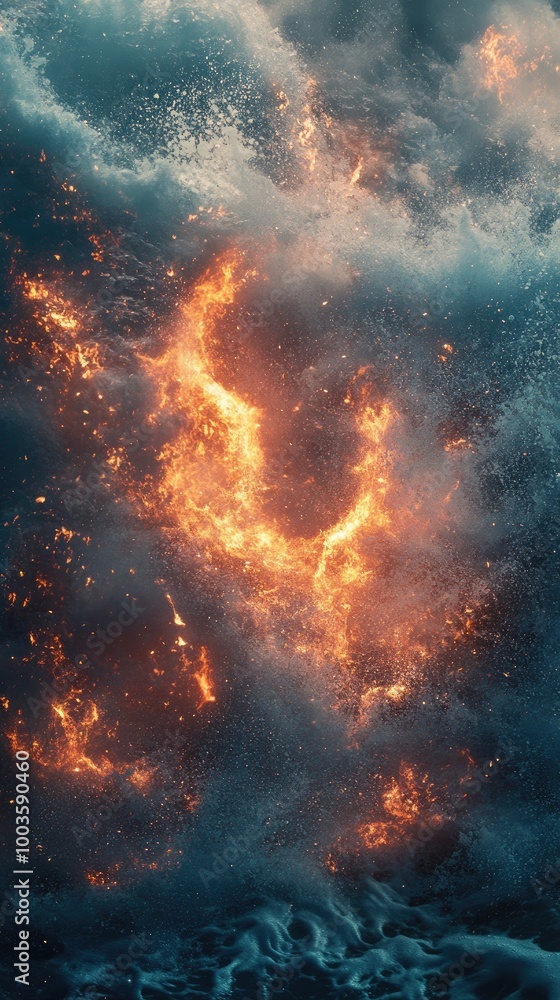 Fiery Ocean Waves Crashing in Dramatic Scene of Water and Flames Fiery Ocean Waves Crashing in Dramatic Scene of Water and Flames