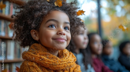 A young girl smiles with autumn leaves in her hair, surrounded by peers indoors.