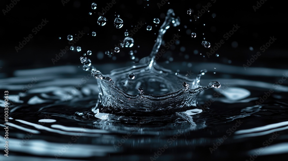 Close-up of Water Splash with Droplets in Mid-Air Against a Dark Background Capturing the Beauty of Fluid Motion Close-up of Water Splash with Droplets in Mid-Air Against a Dark Background Capturing the Beauty of Fluid Motion