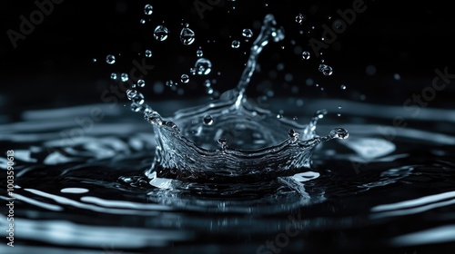 Close-up of Water Splash with Droplets in Mid-Air Against a Dark Background Capturing the Beauty of Fluid Motion