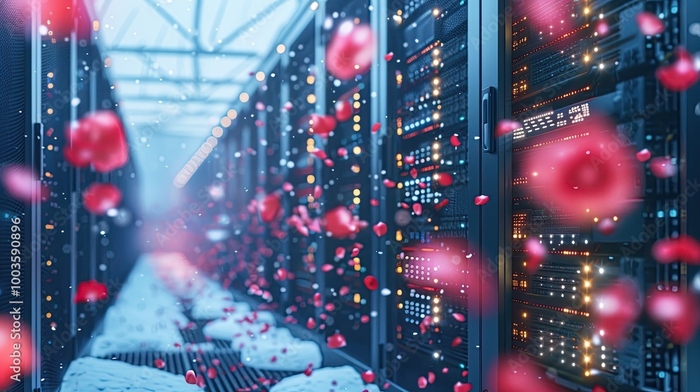 A futuristic, snow-covered data center with glowing servers and advanced cooling systems, showered by red rose petals symbolizing the harmony of nature and technology A futuristic, snow-covered data center with glowing servers and advanced cooling systems, showered by red rose petals symbolizing the harmony of nature and technology